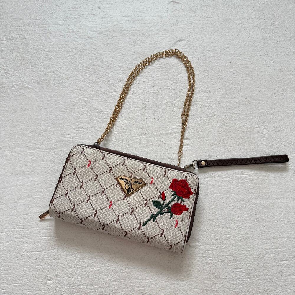 Baby Phat Rose Embroidered Wallet Purse Double Zip Crossbody